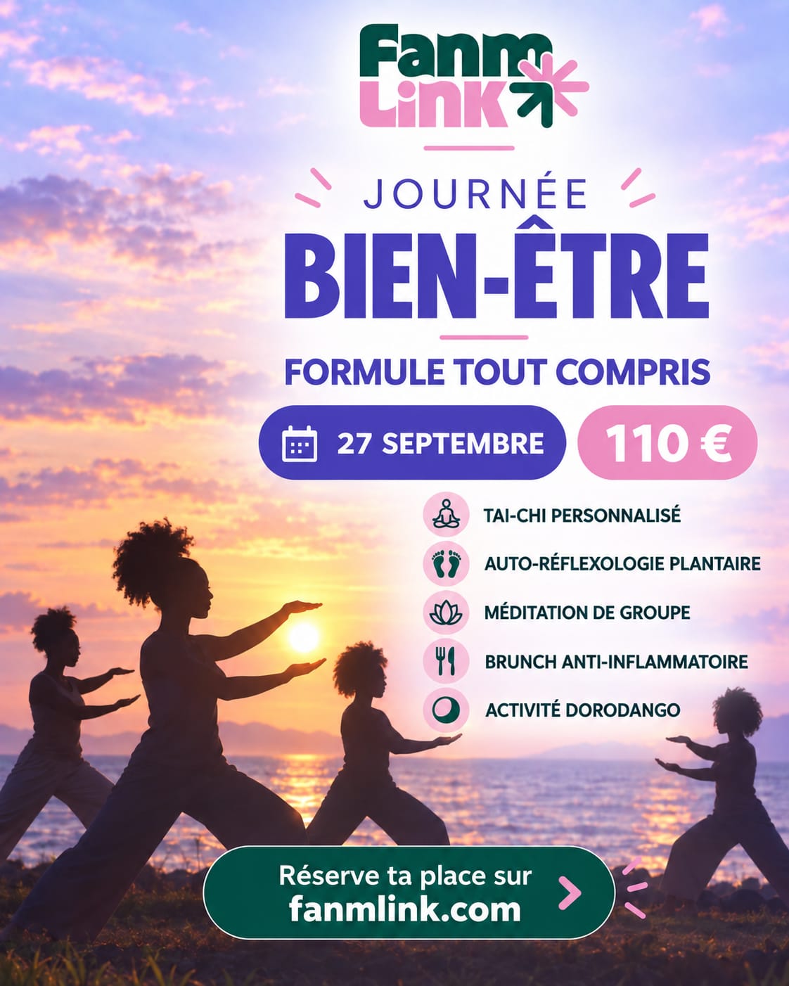groupe de femmes faisant du tai-chi pour la promotion d'une journée bien être à 110 euros tout compris.